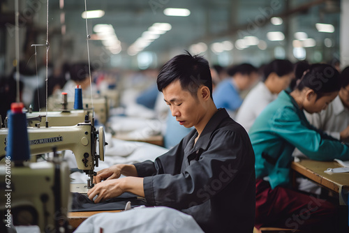Chinese man sewing in a factory on developing country photo
