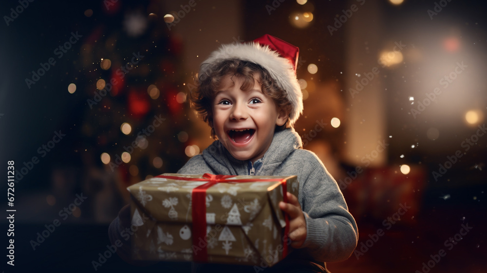 A boy is pleased to open a Christmas present.Happy little boy with gift box A boy is pleased to open a Christmas present.Happy little boy with gift box