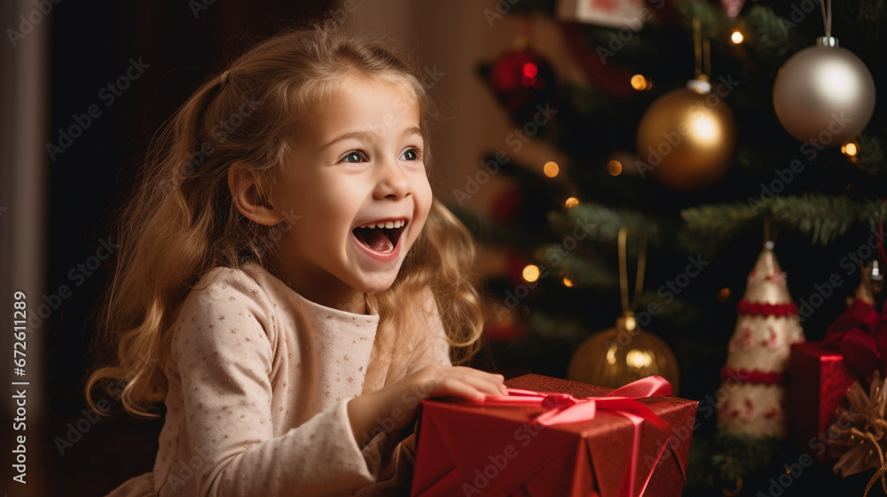 A girl is pleased to open a Christmas present.Happy little girl with gift box