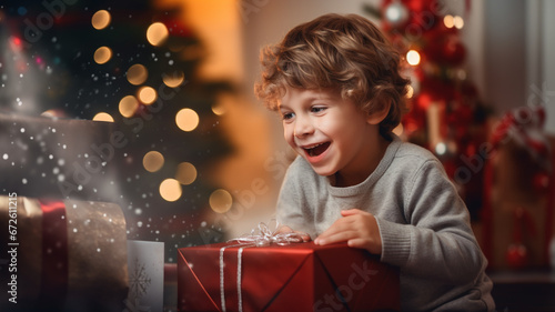 A boy is pleased to open a Christmas present.Happy little boy with gift box