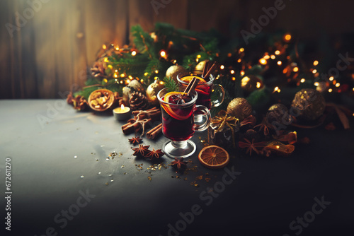 vin chaud à la cannelle devant vieilles planches de bois rustiques et décorations de noël, et ingrédients du vin chaud, en saison d'hiver, et fêtes de fin d'année photo