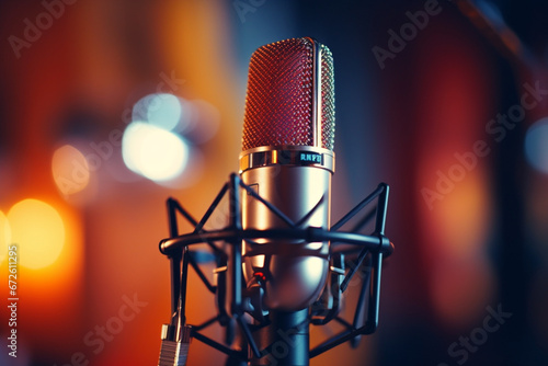 Closeup shot of a condenser microphone with a pop filter and a blurred, aesthetic look