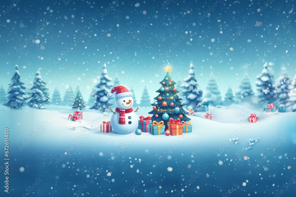 Illustration avec place pour texte d'un Bonhomme de neige habillé d'un bonnet et d'une écharpe sous la neige devant une forêt de sapins dont un sapin de noël décoré et paquets cadeaux de noël - obrazy, fototapety, plakaty 