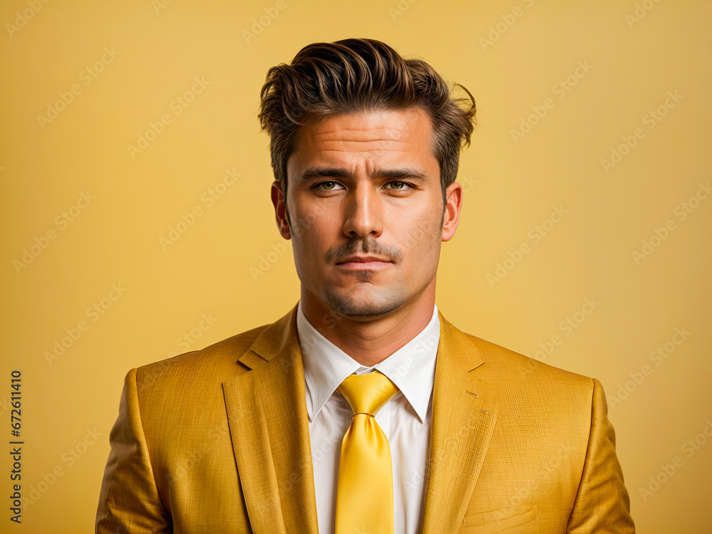handsome brutal confident man isolated on yellow color background handsome brutal confident man isolated on yellow color background