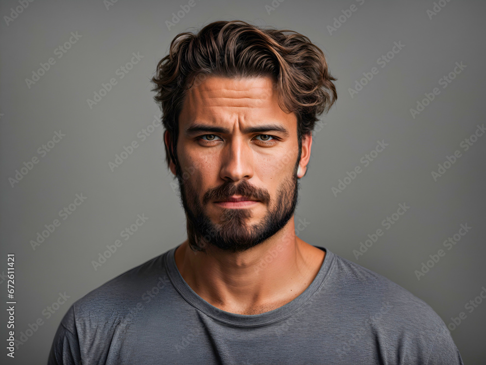 handsome brutal confident man isolated on gray color background