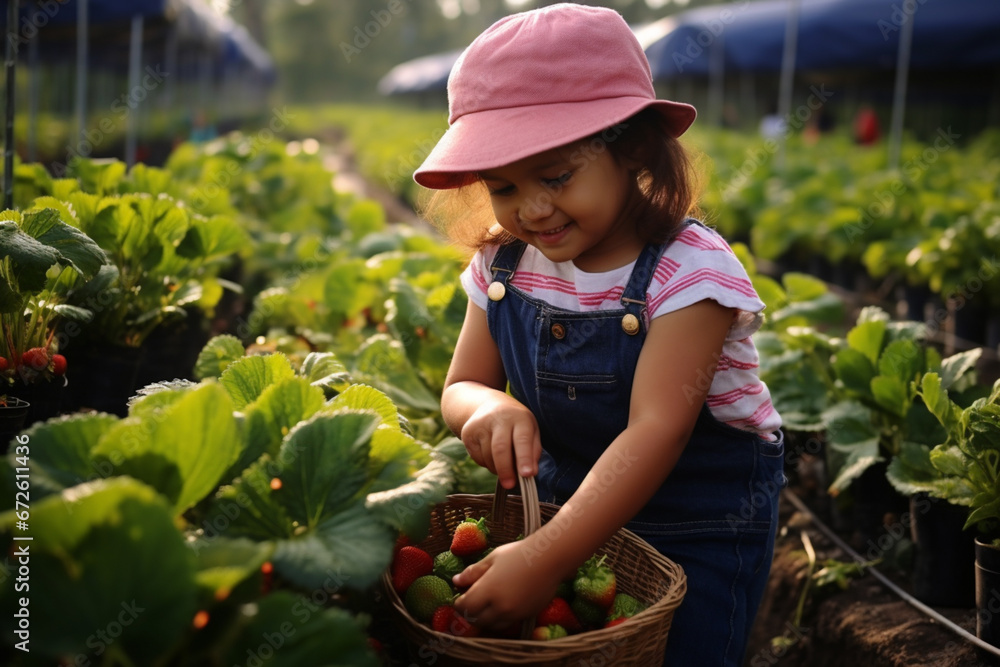 Fototapeta premium Kids plucking strawberries in a farm