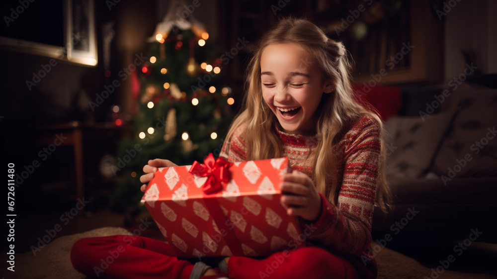A girl is pleased to open a Christmas present.Happy little girl with gift box A girl is pleased to open a Christmas present.Happy little girl with gift box