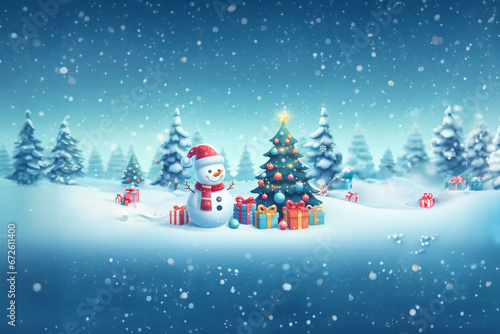 Illustration avec place pour texte d'un Bonhomme de neige habillé d'un bonnet et d'une écharpe sous la neige devant une forêt de sapins dont un sapin de noël décoré et paquets cadeaux de noël