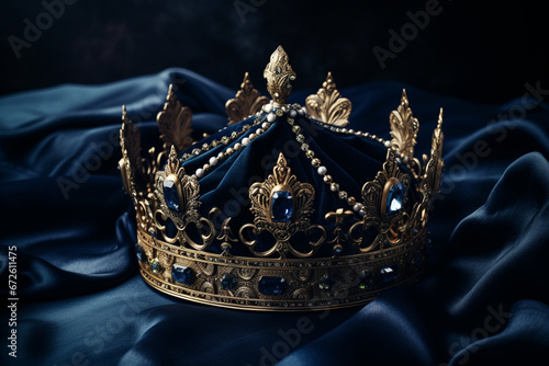 Closeup shot of an elegant crown on the dark blue cloth, aesthetic look photo