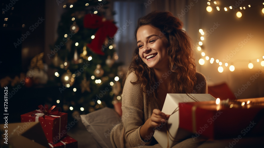 Woman is pleased to open a Christmas present.Happy woman with gift box - obrazy, fototapety, plakaty 