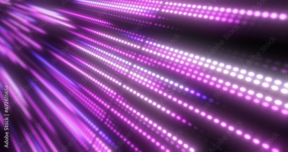 Obraz premium Abstract bright purple background pattern of flying lines of dots and glowing circles of futuristic digital energy magical bright particles