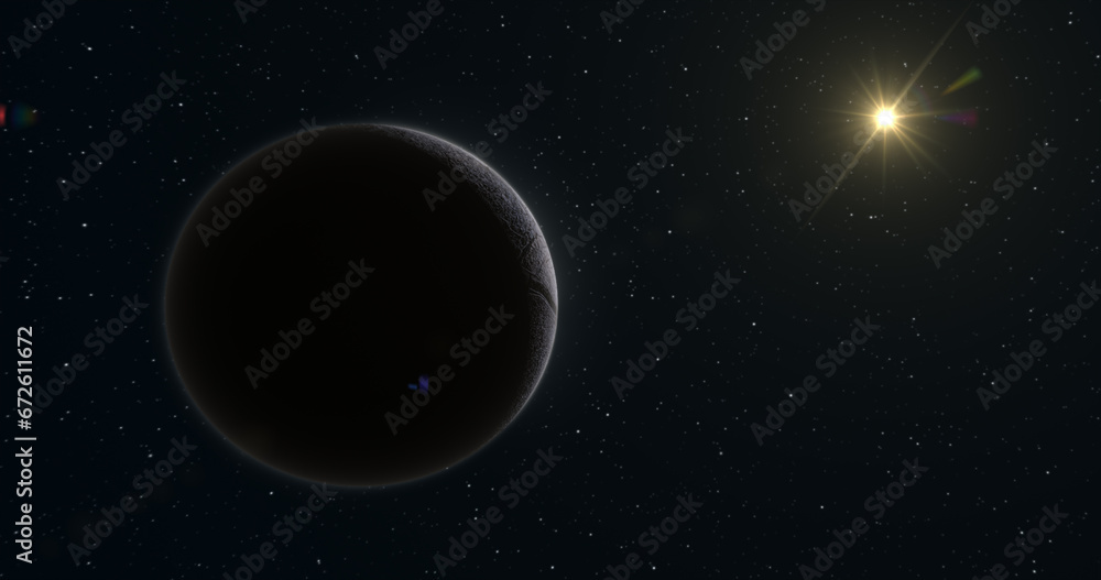 Abstract realistic space spinning planet round sphere with a relief stone surface in space against the background of stars and the sun