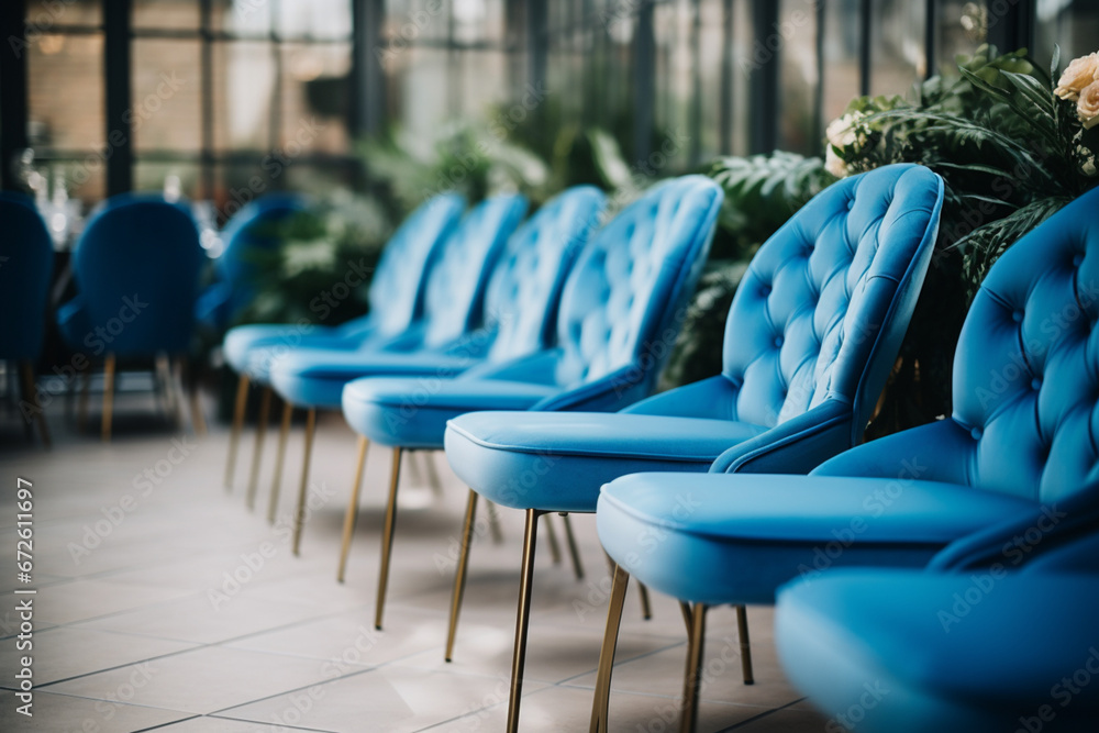 Closeup shot of the elegant blue chairs in the wedding venue, aesthetic look