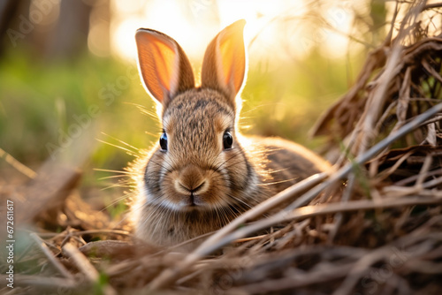 Closeup shot of bunny rabbit with brown fur laying in the grass, aesthetic look