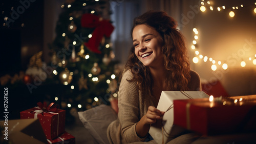Woman is pleased to open a Christmas present.Happy woman with gift box photo