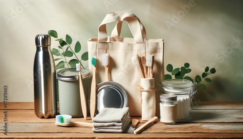 Eco-friendly sustainable living kit with reusable items for daily use. photo