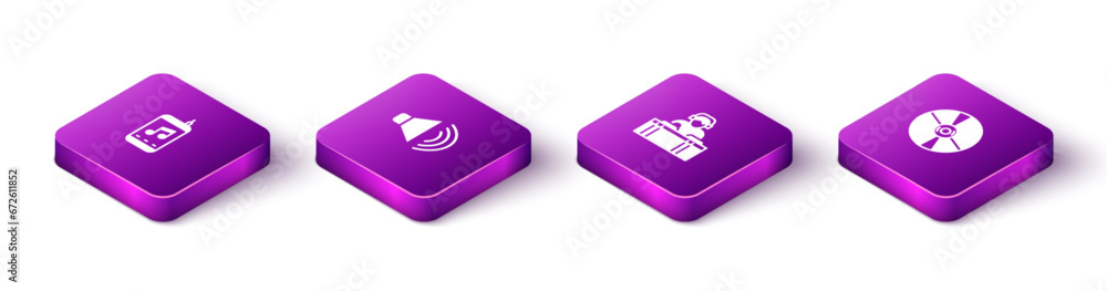 Set Isometric Music player, Speaker volume, DJ playing music and CD or DVD disk icon. Vector Set Isometric Music player, Speaker volume, DJ playing music and CD or DVD disk icon. Vector