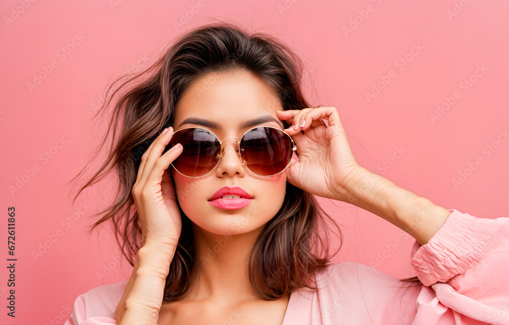 cute impressed girl hand touch sunglass cute impressed girl hand touch sunglass