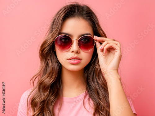 cute impressed girl hand touch sunglass