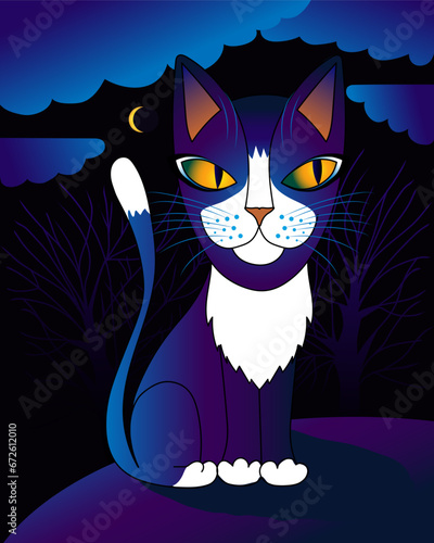 Blue cat on a moonlit night. Night landscape with a cat.