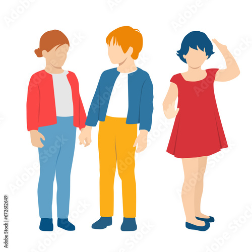  Set of boy and two girls standing, profile, different colors, cartoon character, group of silhouettes of standing children, design concept of flat icon, isolated on white background