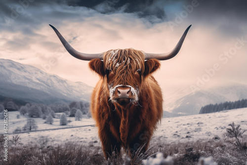Winter image of a highland cow standing in a field in the snow, great for social media, greeting cards