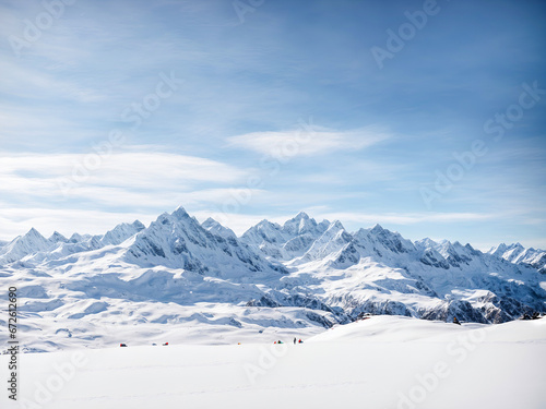 landscape of white snowy mountains range with clear blue sky © Meeza