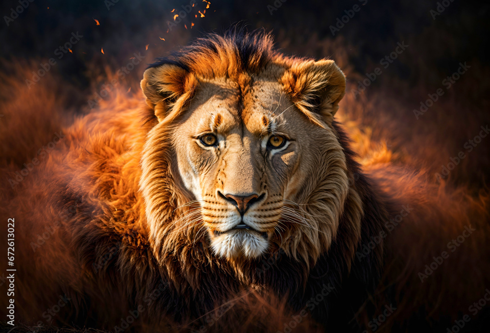 An intense, fiery portrait of a lion's face