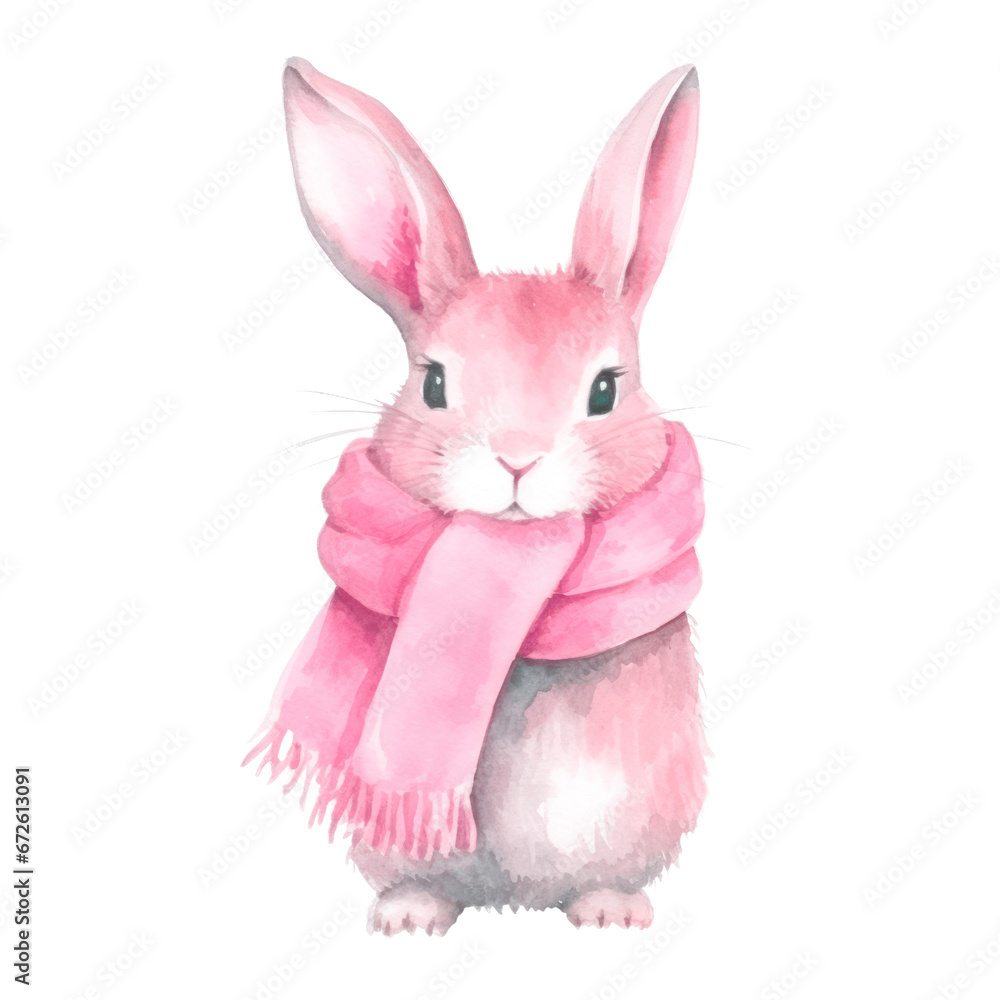 Obraz premium Watercolor illustration of rabbit with scarf isolated on white background.