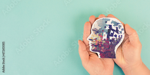 Alzheimer awareness day, dementia diagnosis, Parkinson´s disease, memory loss disorder, brain with puzzle or jigsaw pieces, mind made with AI photo