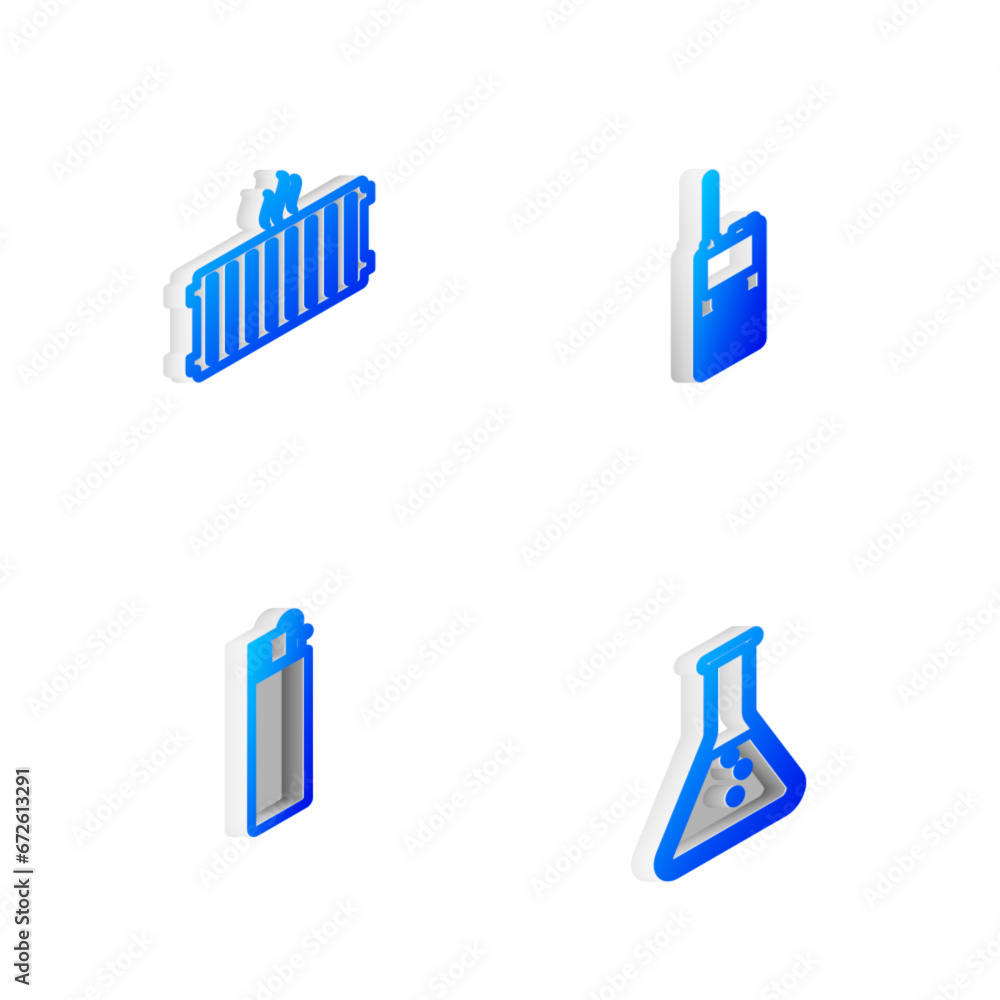 Fototapeta premium Set Isometric line Walkie talkie, Heating radiator, Lighter and Test tube and flask icon. Vector