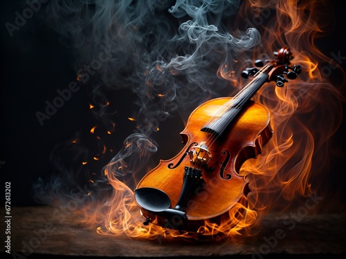 A violin is enveloped in vibrant flames and wisps of smoke