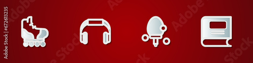 Set Roller skate, Headphones, Racket and Book icon. Vector