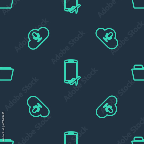 Set line Flight mode in the mobile, Music streaming service and Folder on seamless pattern. Vector