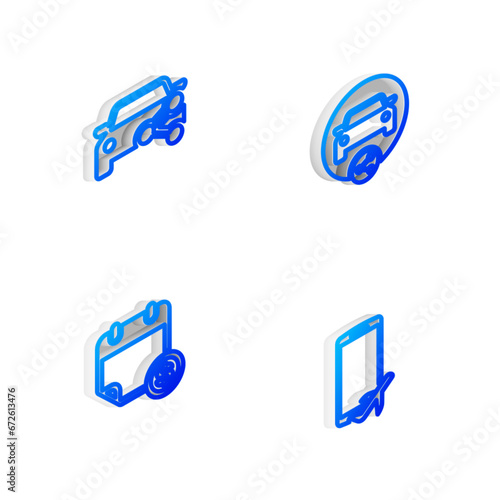 Set Isometric line Car sharing, , Financial calendar and Flight mode the mobile icon. Vector