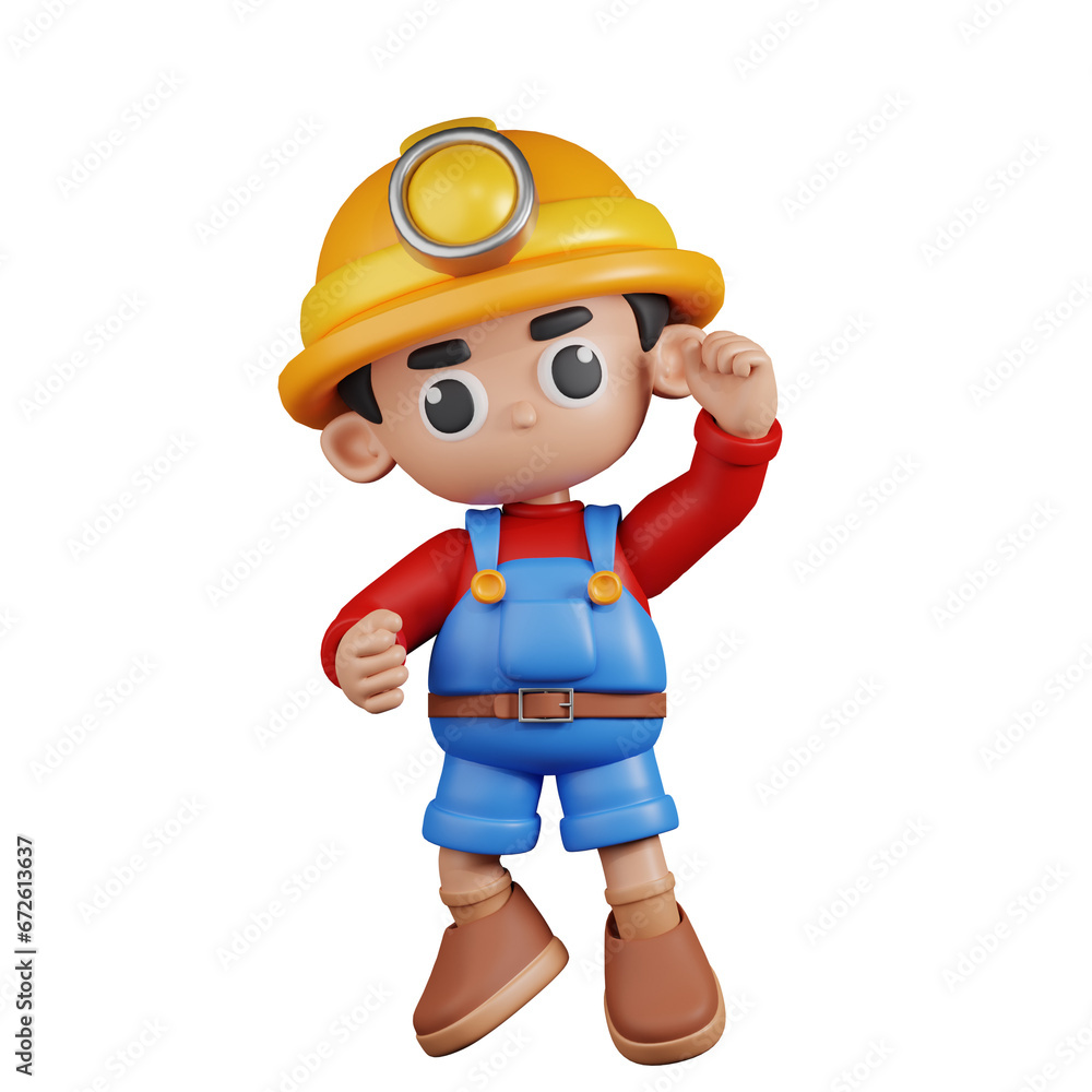 3d Character Miner Congrats Pose. 3d render isolated on transparent backdrop. 3d Character Miner Congrats Pose. 3d render isolated on transparent backdrop.