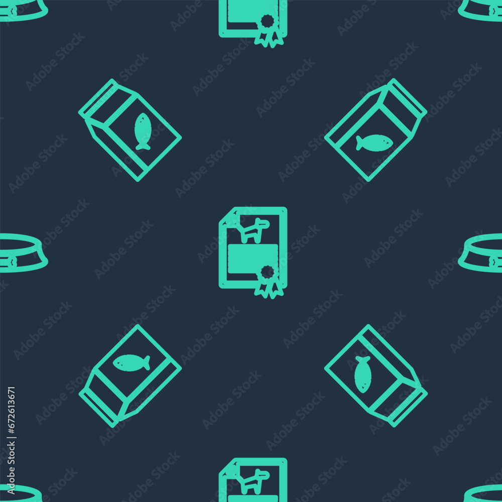 Set line Certificate for dog or cat, Bag of food and Pet bowl on seamless pattern. Vector Set line Certificate for dog or cat, Bag of food and Pet bowl on seamless pattern. Vector