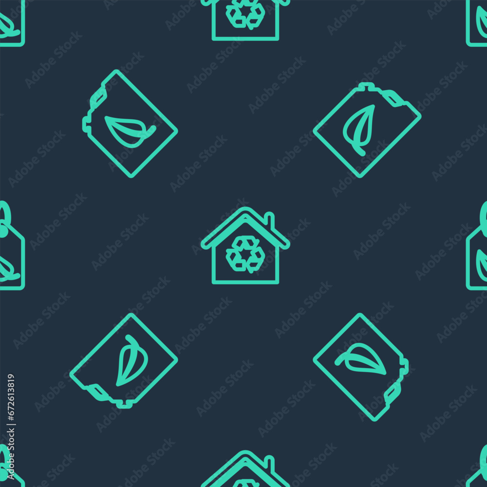 Set line Eco House with recycling, Bio fuel canister and Tag leaf on seamless pattern. Vector Set line Eco House with recycling, Bio fuel canister and Tag leaf on seamless pattern. Vector