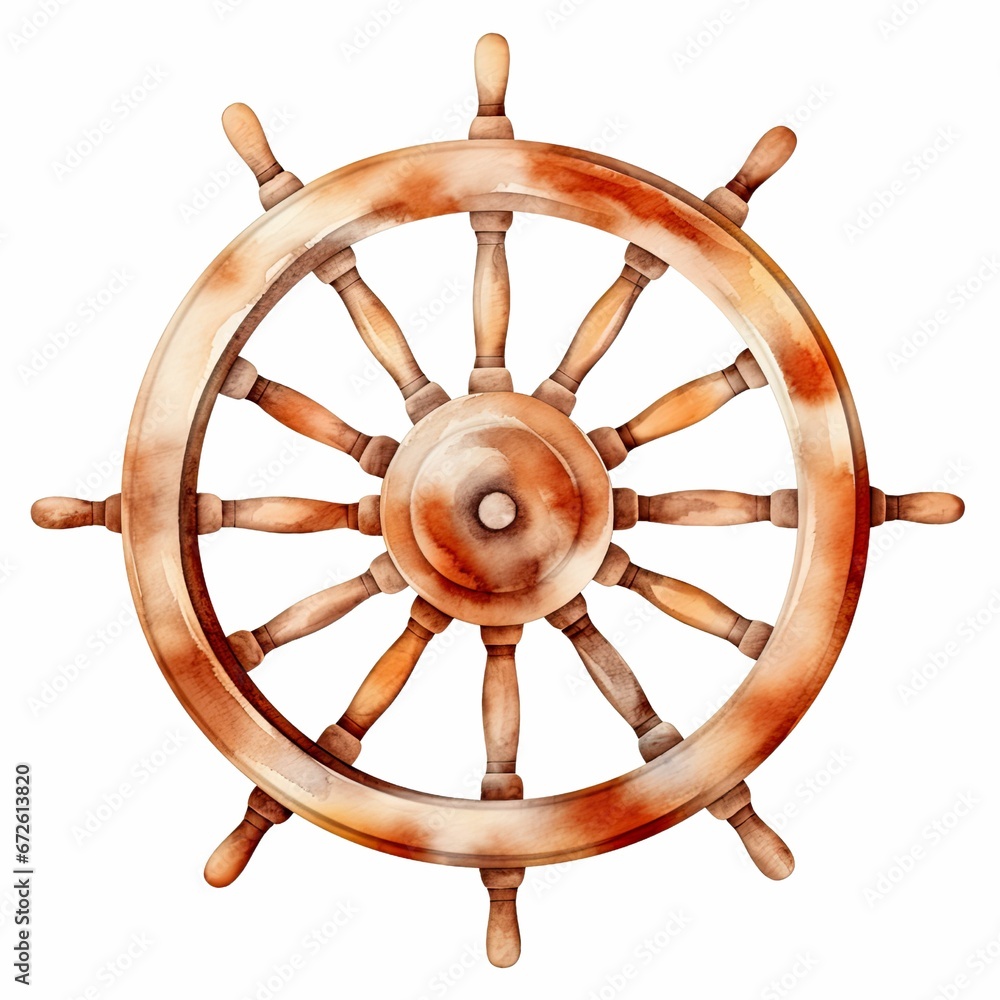 AI generated illustration of a wooden ship wheel on a white background