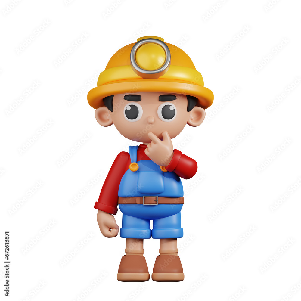 3d Character Miner Curious Pose. 3d render isolated on transparent backdrop. 3d Character Miner Curious Pose. 3d render isolated on transparent backdrop.
