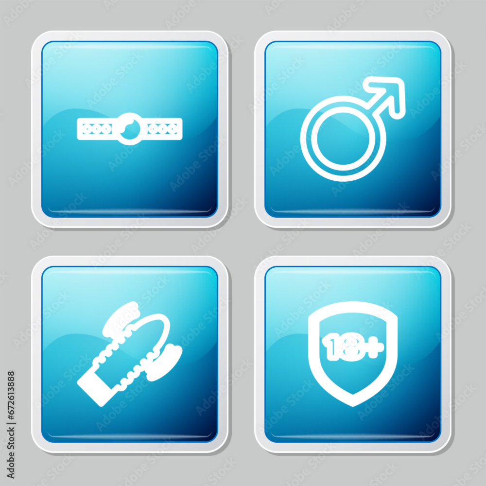 Set line Silicone ball gag, Male gender symbol, Dildo vibrator for sex games and Shield with 18 plus icon. Vector Set line Silicone ball gag, Male gender symbol, Dildo vibrator for sex games and Shield with 18 plus icon. Vector
