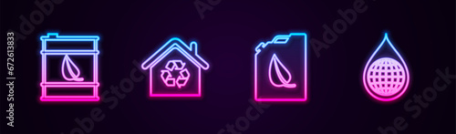 Set line Bio fuel barrel, Eco House with recycling, canister and Earth planet water drop. Glowing neon icon. Vector
