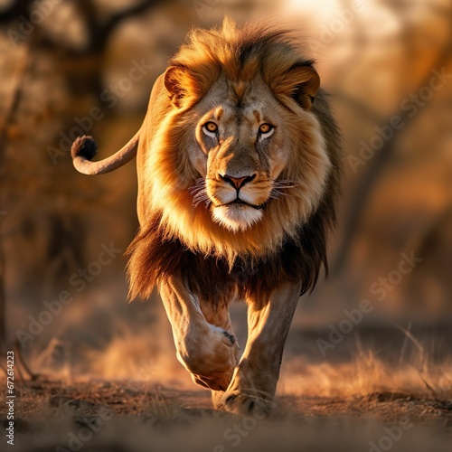AI generated illustration of a majestic male lion striding confidently across the savannah at dusk