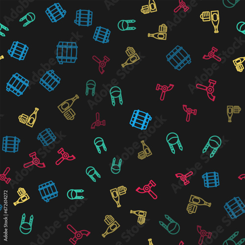 Set line Wooden barrel, Braid, Beer bottle and glass and tap on seamless pattern. Vector