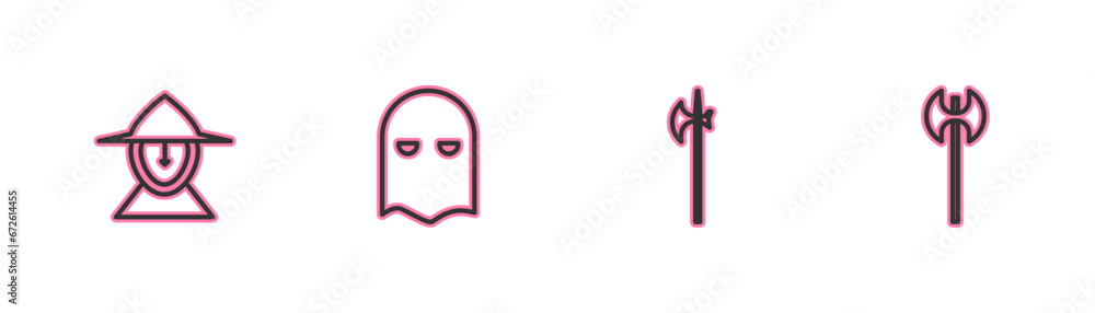 Set line Medieval iron helmet, halberd, Executioner mask and axe icon. Vector Set line Medieval iron helmet, halberd, Executioner mask and axe icon. Vector