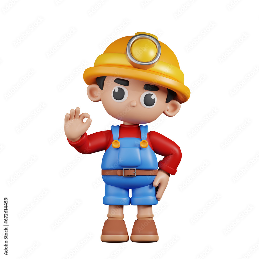 3d Character Miner Giving Ok Sign Pose. 3d render isolated on transparent backdrop. 3d Character Miner Giving Ok Sign Pose. 3d render isolated on transparent backdrop.
