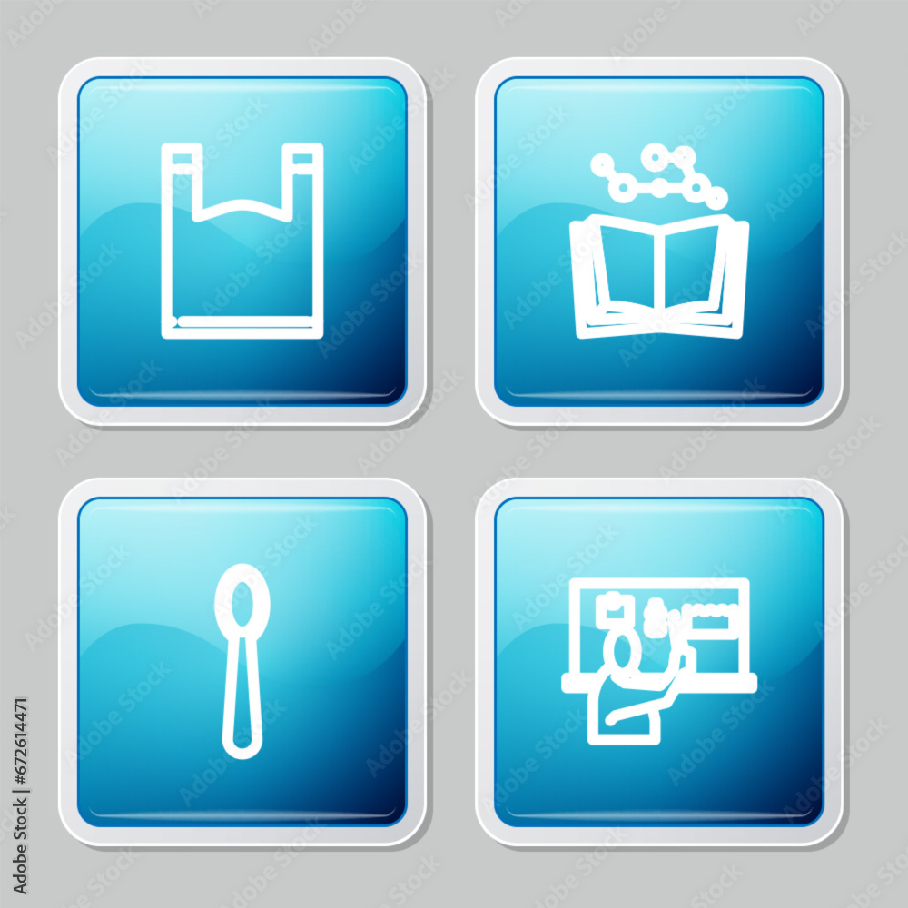 Set line Plastic bag, Open book, Disposable plastic spoon and Stop pollution icon. Vector Set line Plastic bag, Open book, Disposable plastic spoon and Stop pollution icon. Vector
