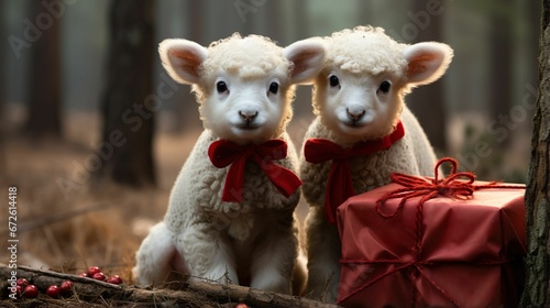 AI generated illustration of white lambs standing near the present with a blurry background