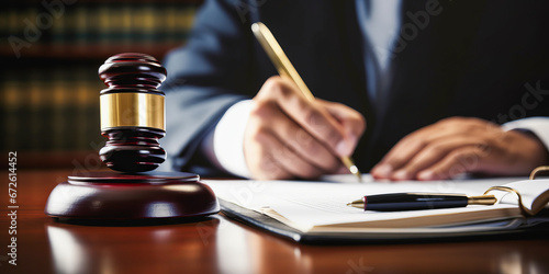 Judge signing judgment with justice symbol and gavel. photo