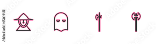 Set line Medieval iron helmet, halberd, Executioner mask and axe icon. Vector